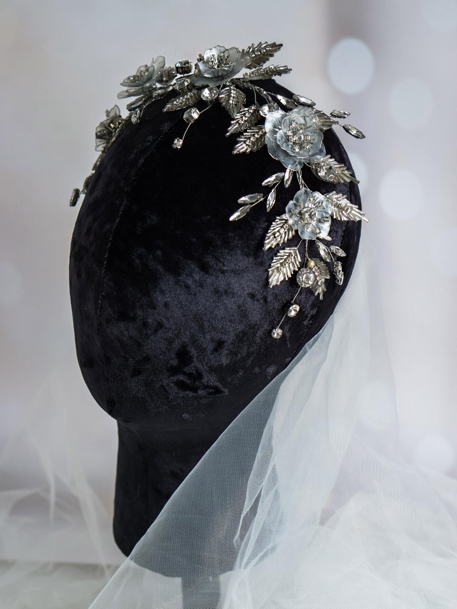 Elegant Silver Floral Headband with Crystals for Wedding
