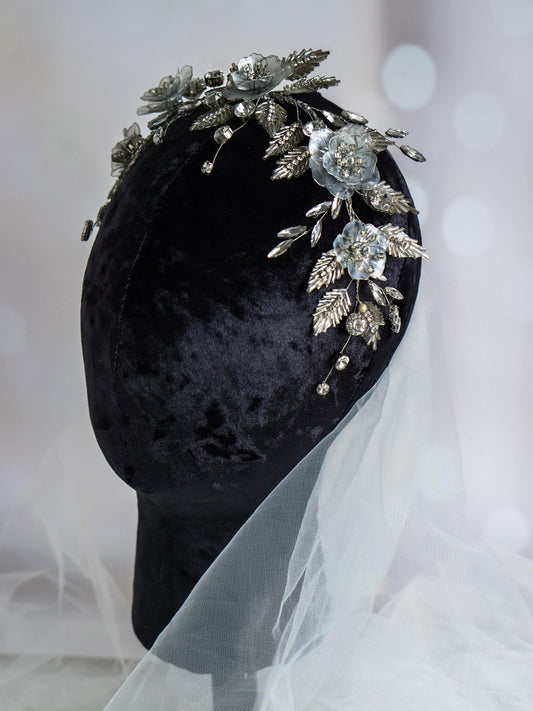 Elegant Silver Floral Headband with Crystals for Wedding