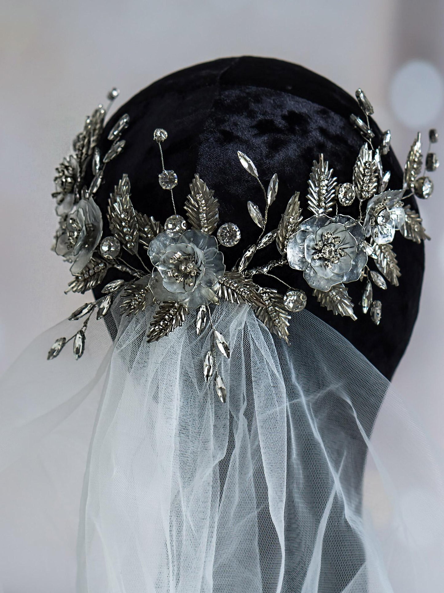 Ethereal hair vine with silver flowers and sparkling crystals