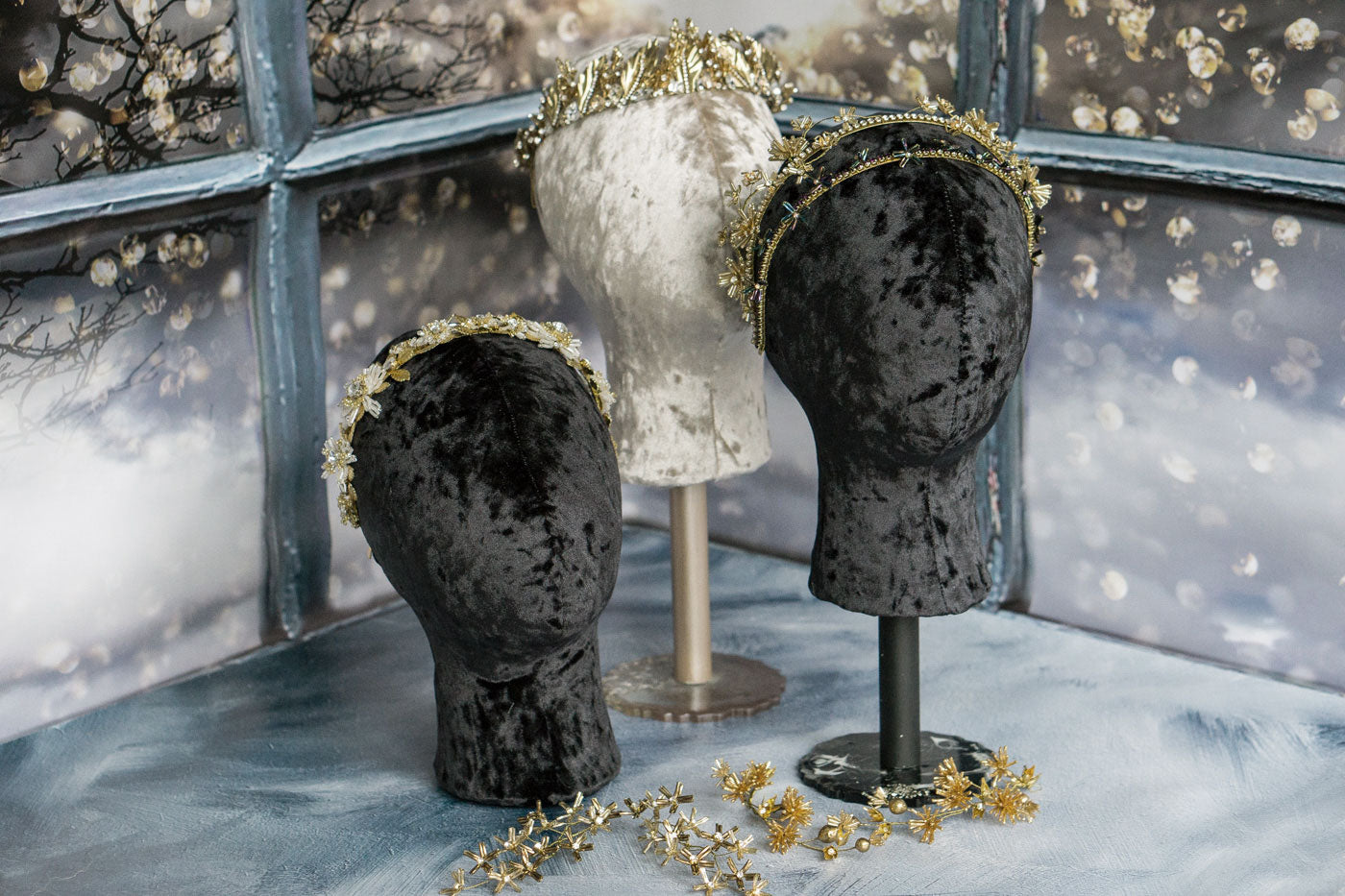 DiamoreDS handmade bridal hair accessories, 3 golden tiaras