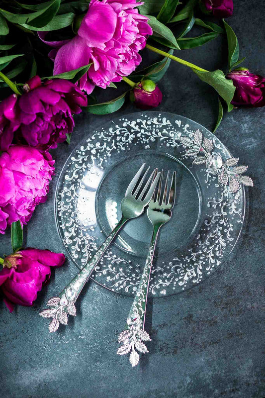 Sophisticated silver wedding plate and forks with personalization option