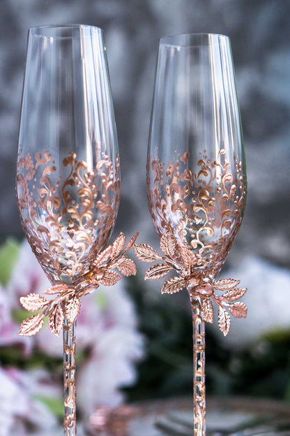 Elegant Filigree Wedding Flutes in Rose Gold