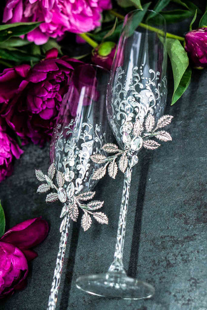 Silver wedding flute set from Aurora Collection with customization feature
