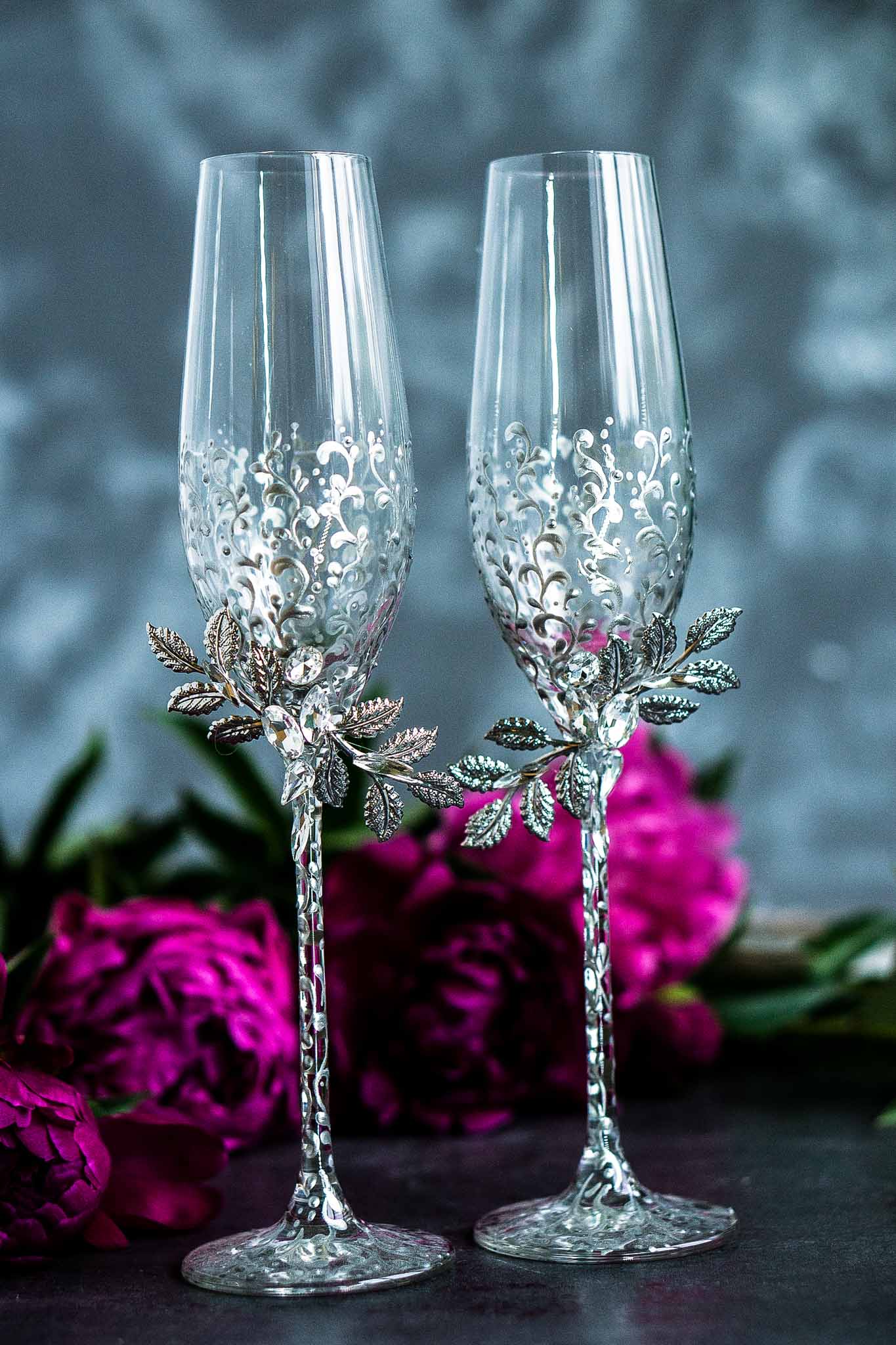 Wedding Glasses high quality Silver Rose Champagne Flutes Hand Decorated Set of 2 Cake serving set