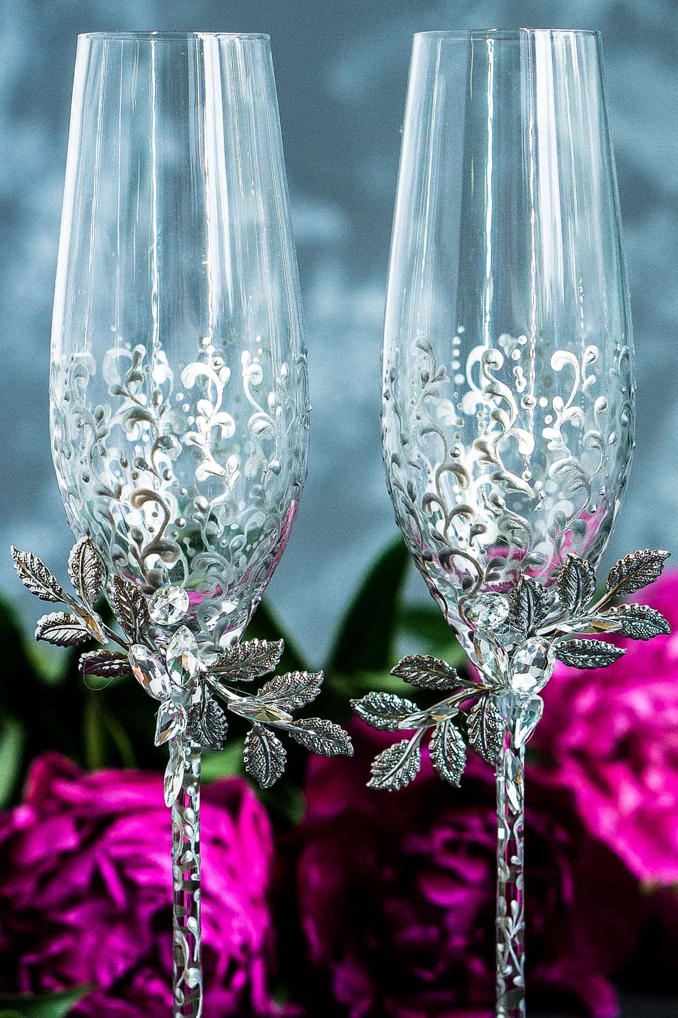 Aurora Collection silver wedding toasting glasses with custom engraving
