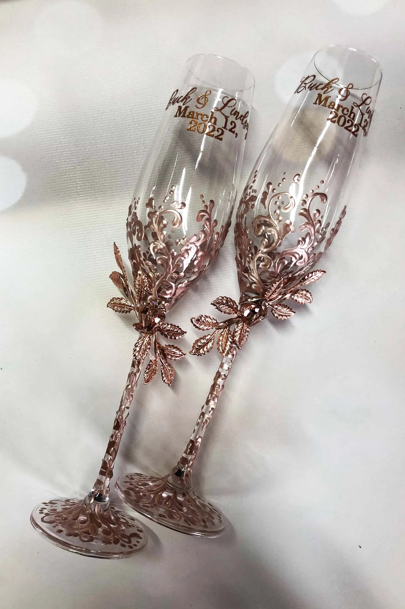 Rose Gold Wedding Champagne Glasses with Intricate Design