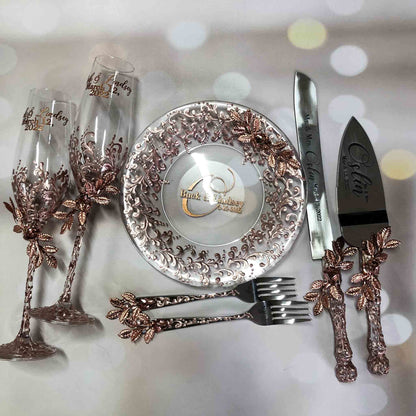 Elegant champagne flutes and cake server set for Aurora-themed weddings