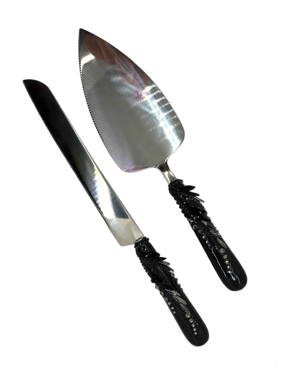 Gothic-inspired cake knife and server set with black crystal accents