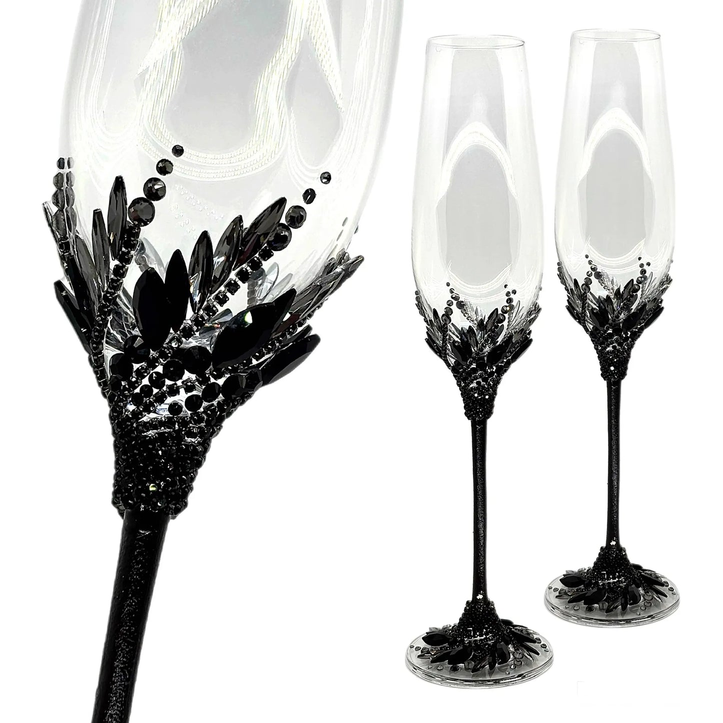 Custom Mr. and Mrs. champagne flutes with elegant design for Black Tie wedding celebrations