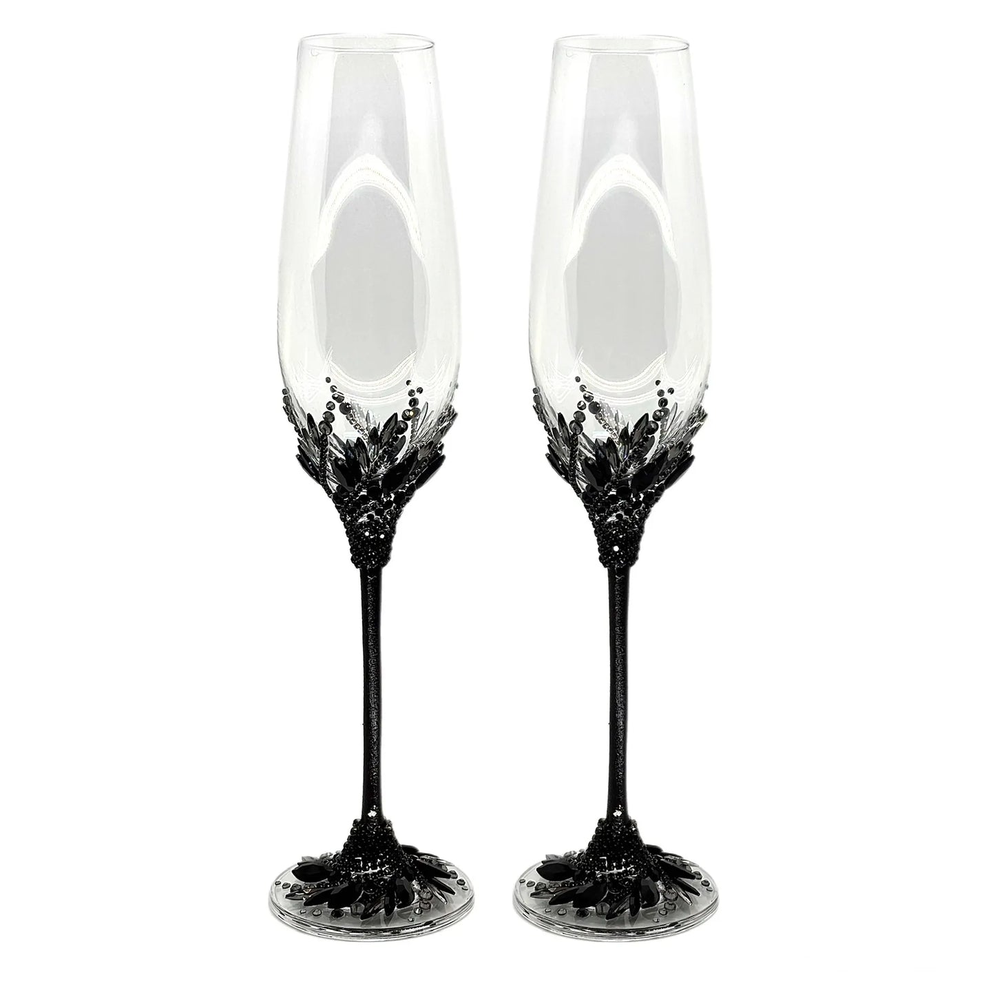 Custom engraved black crystal wedding champagne flutes