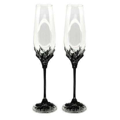 Custom engraved black crystal wedding champagne flutes