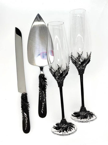 Wedding champagne glasses and  cake serving set for Dark Romance and Art Deco themes