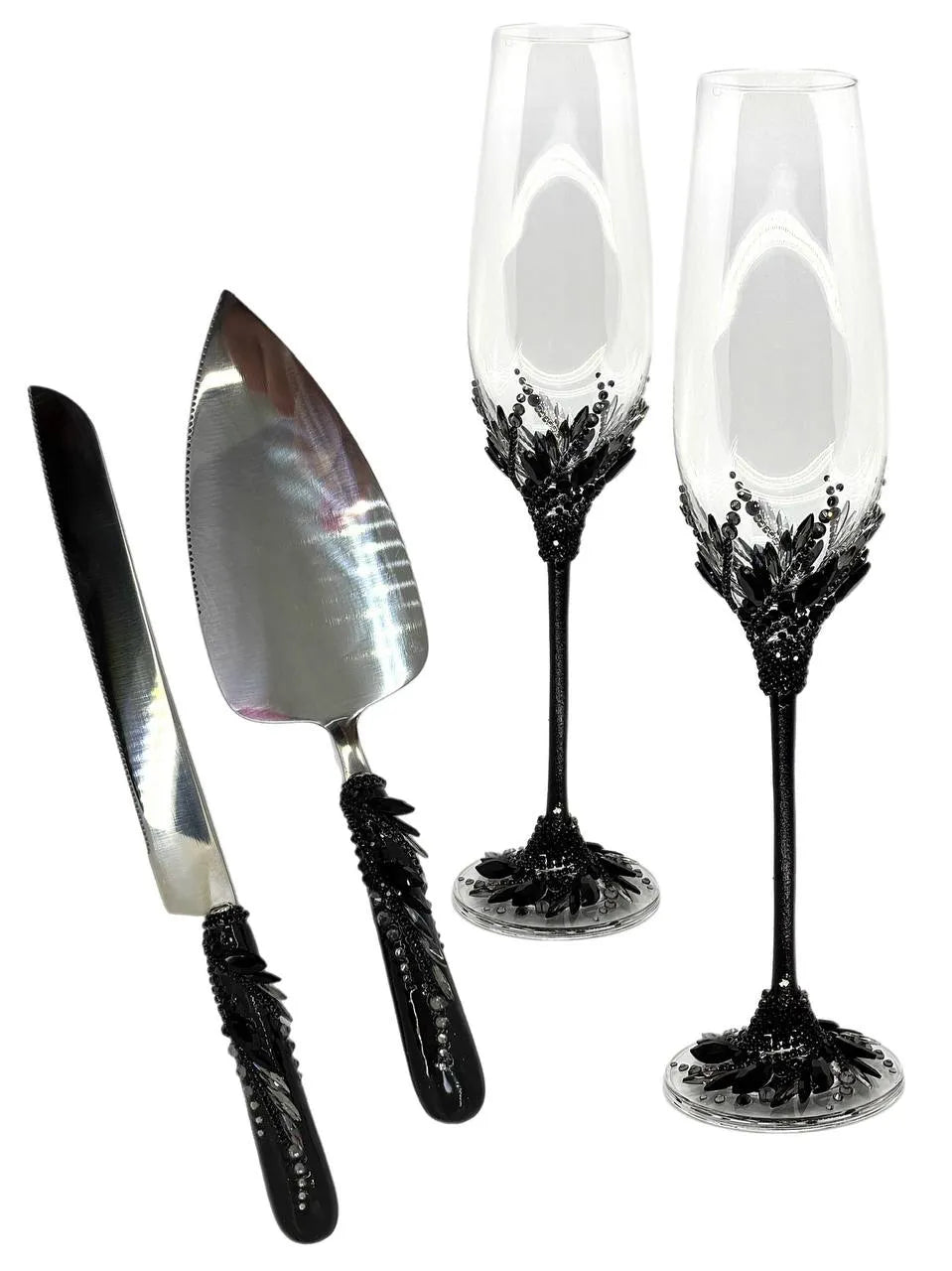 Elegant black crystal-embellished wedding cake server set and champagne flutes