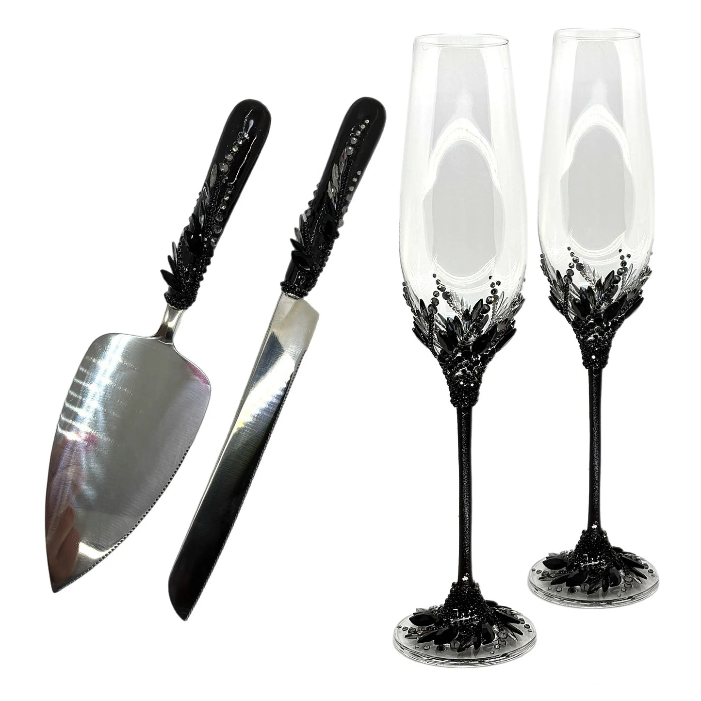 Elegant "Black Hypnosis" wedding champagne flutes and cake knife set