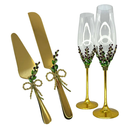 Elegant handcrafted toasting glasses and server set adorned with natural garnet stones