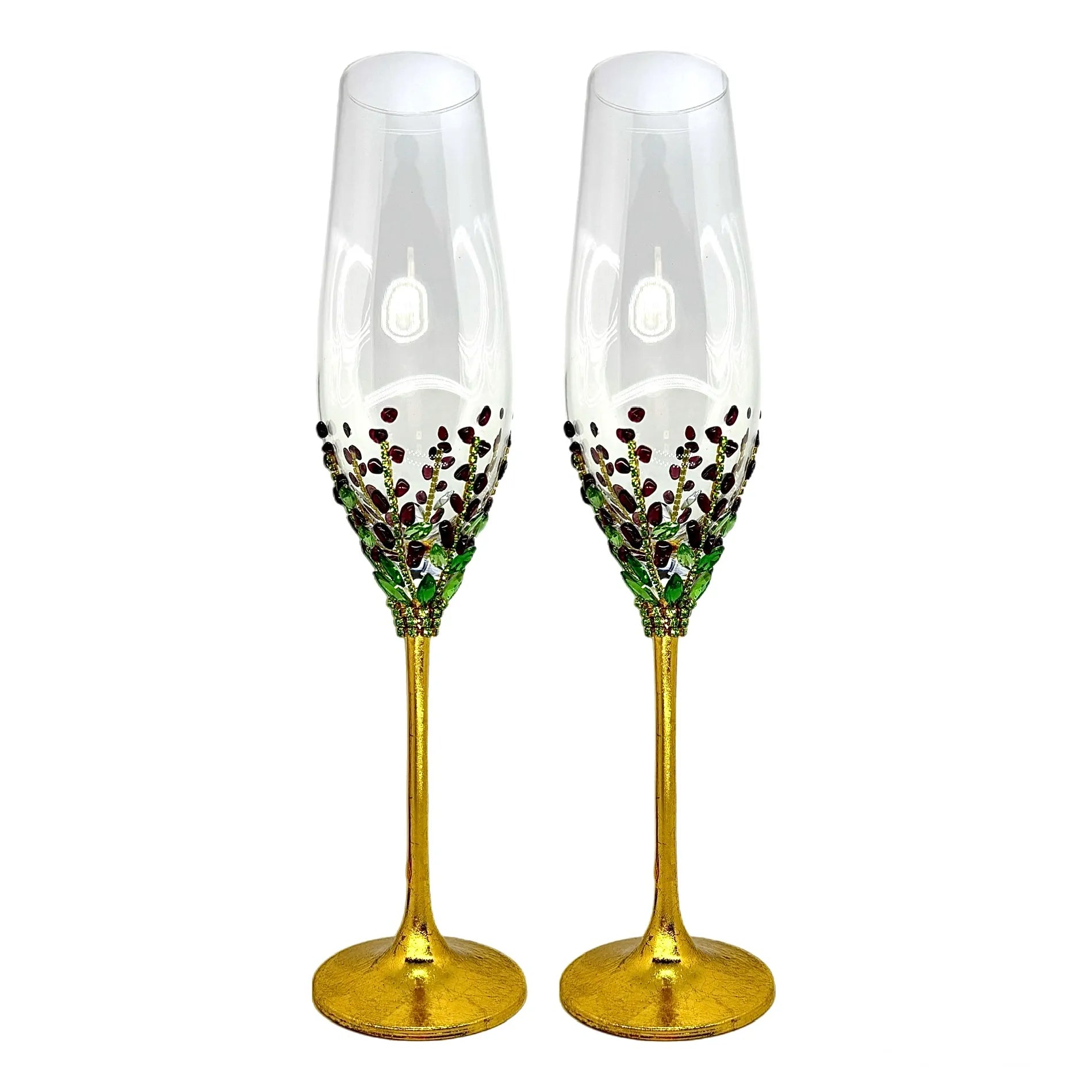 Elegant toasting glasses adorned with genuine garnet stones and shimmering crystals