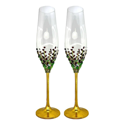 Elegant toasting glasses adorned with genuine garnet stones and shimmering crystals