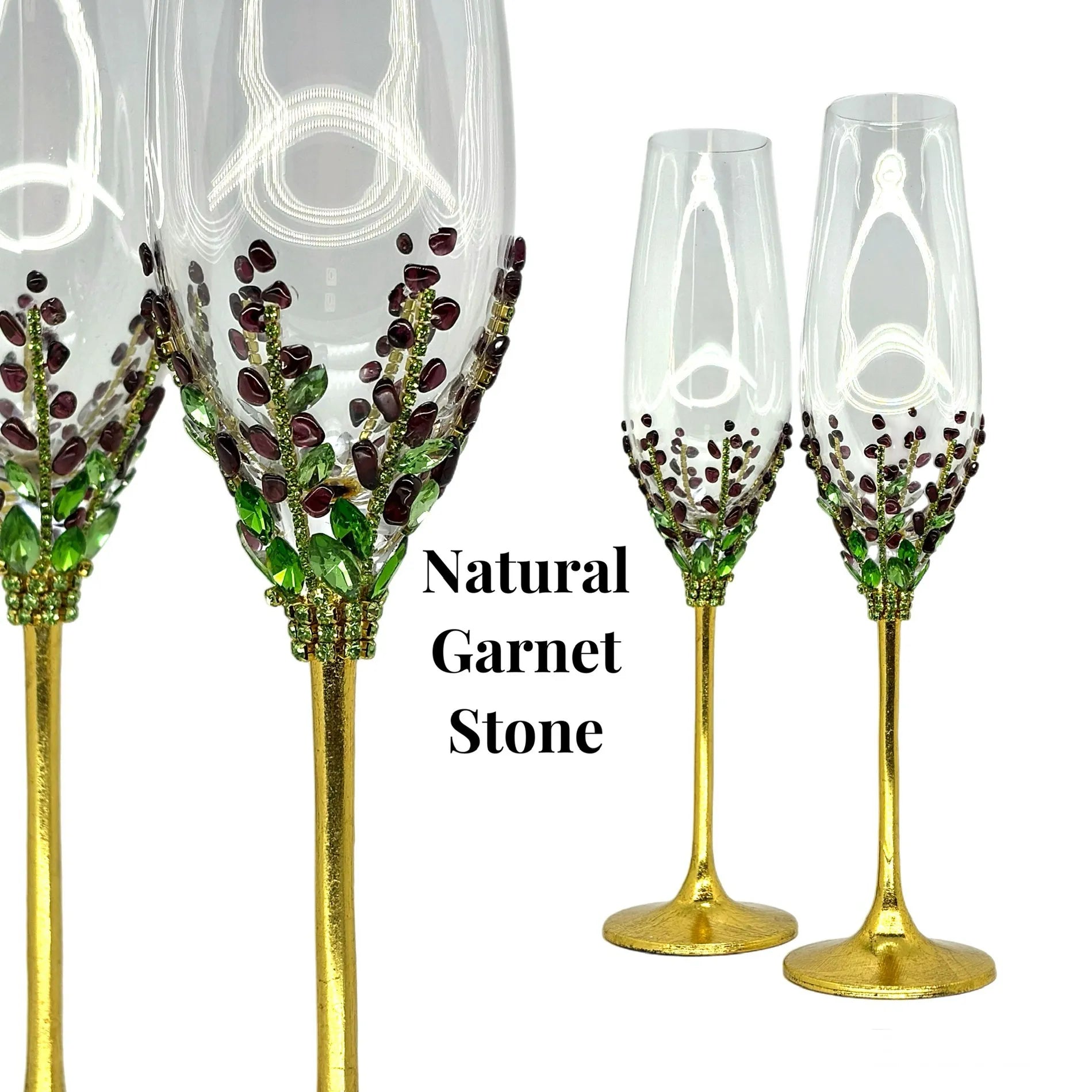 Custom wedding champagne flutes  with elegant floral motif and crystal accents