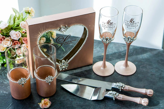 Premium sand ceremony set with champagne flutes and cake server