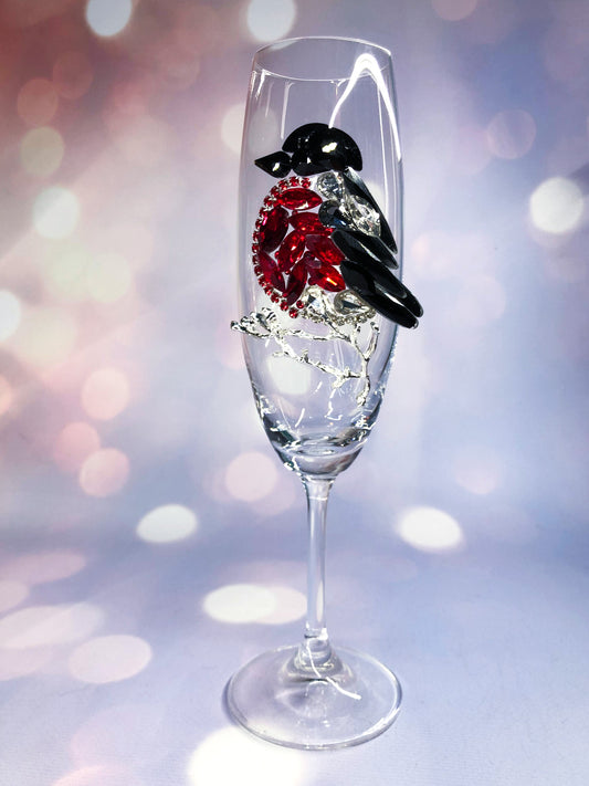 Christmas Champagne Flute with Bullfinch