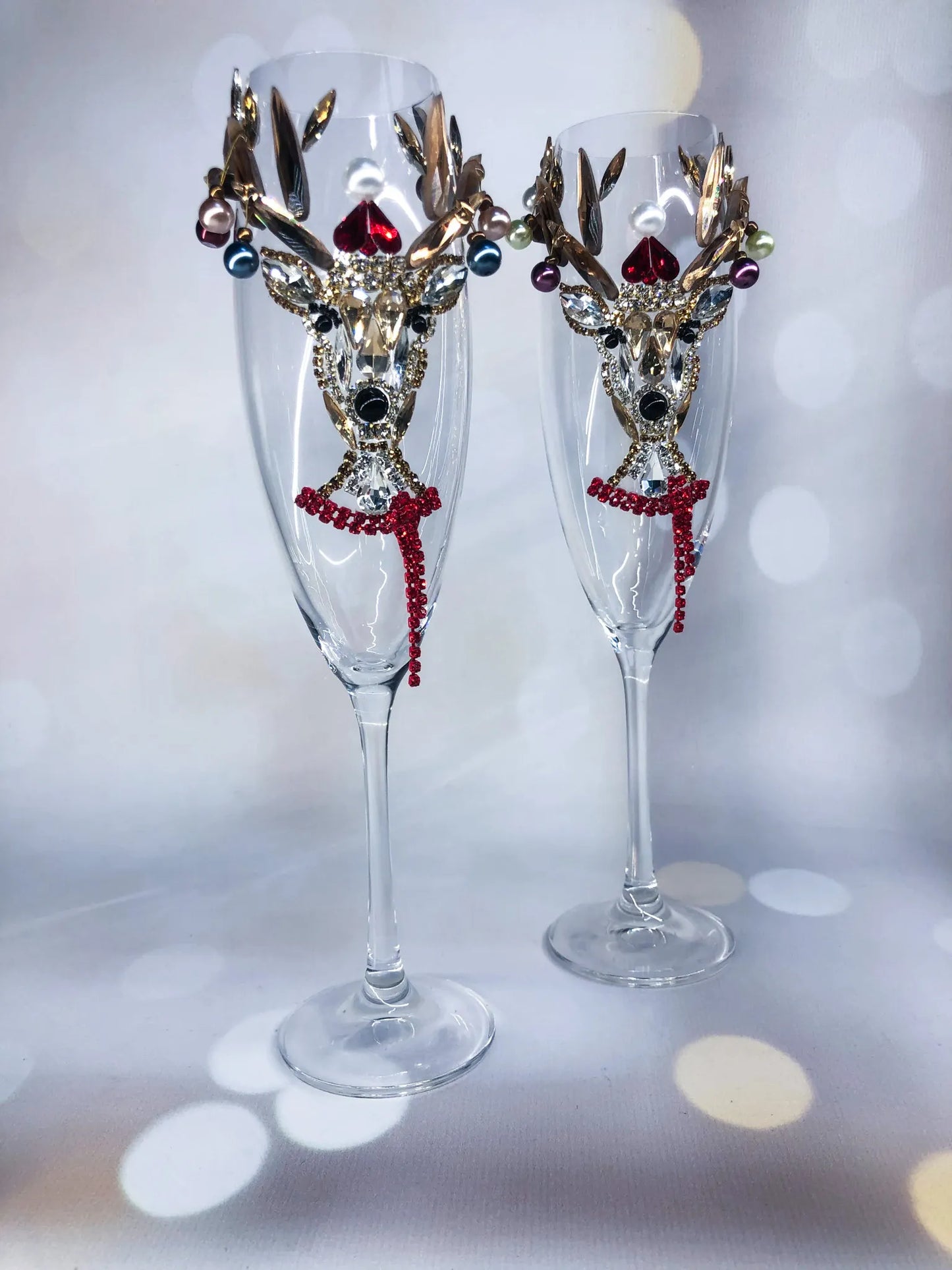 Crystal Christmas Deer Champagne Flute or Wine Glass with Golden Horns