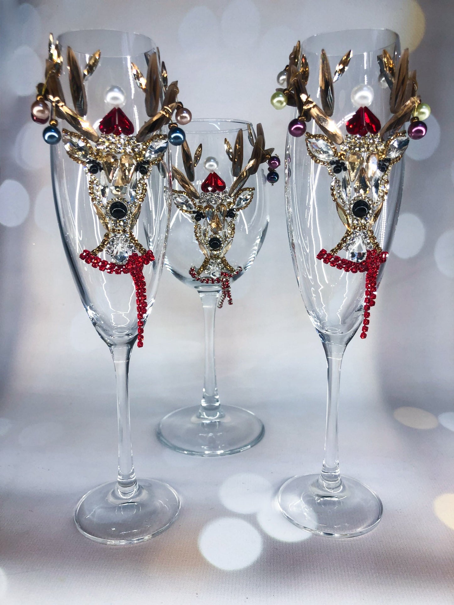 Crystal Christmas Deer Champagne Flute or Wine Glass with Golden Horns