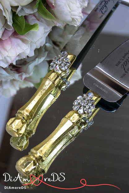 Gold and silver bride and groom flutes