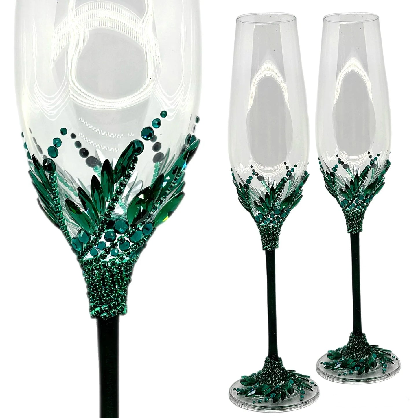 Customizable champagne glasses with refined emerald-accented designs