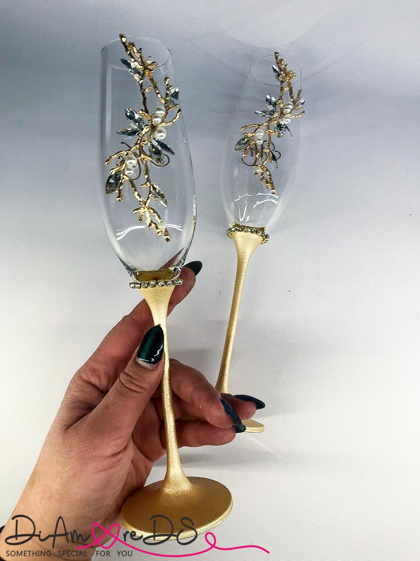 Personalized wedding flutes in stunning gold