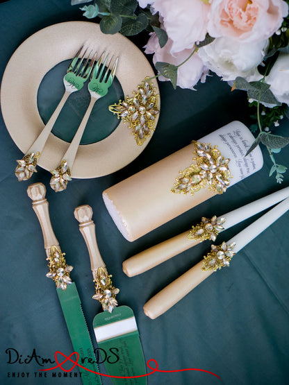 Gloria Gold Wedding Set - 2 Glasses, Cake Server Set, Plate, and 2 Forks