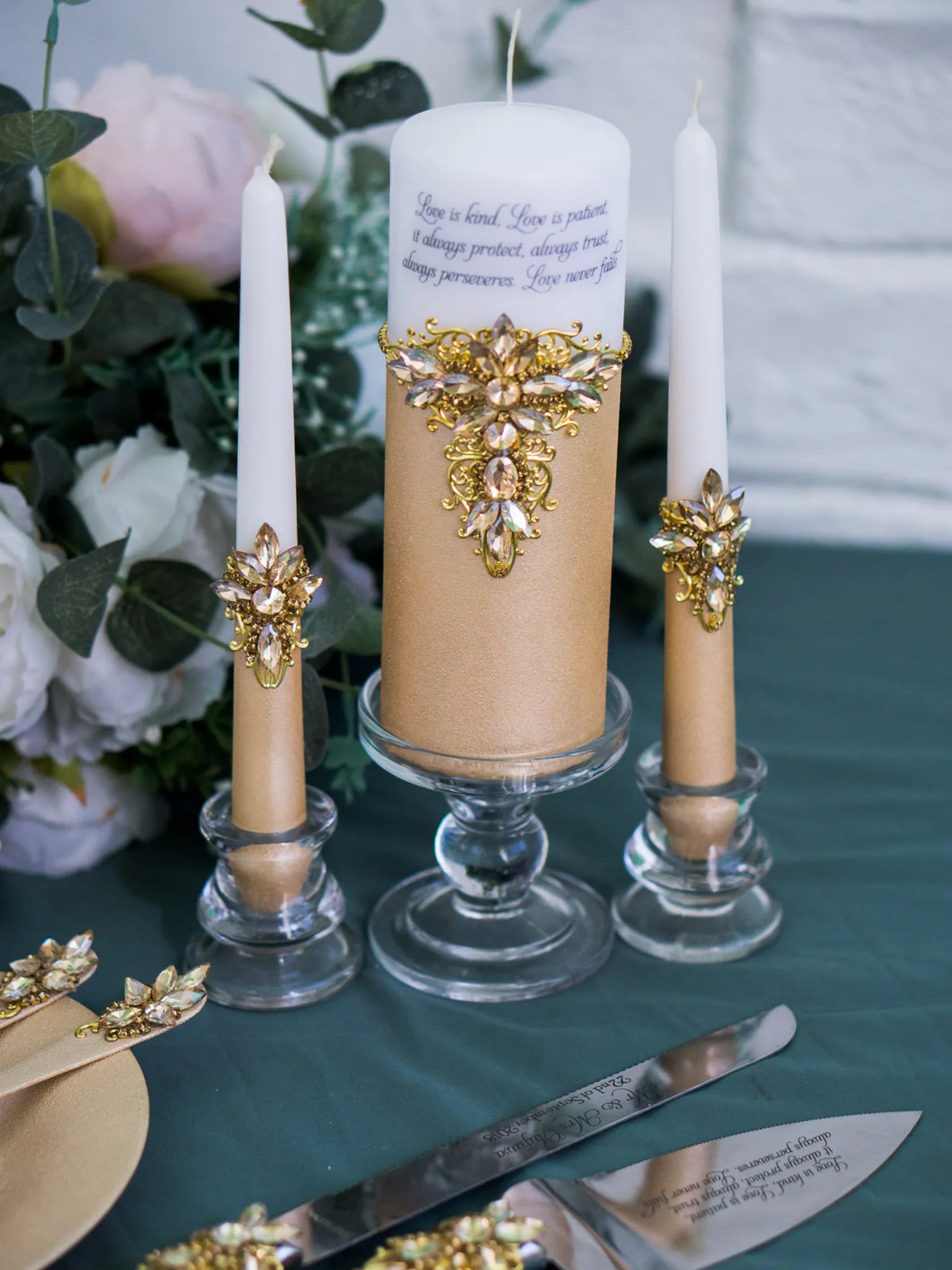 Custom-designed silver crystals wedding candles