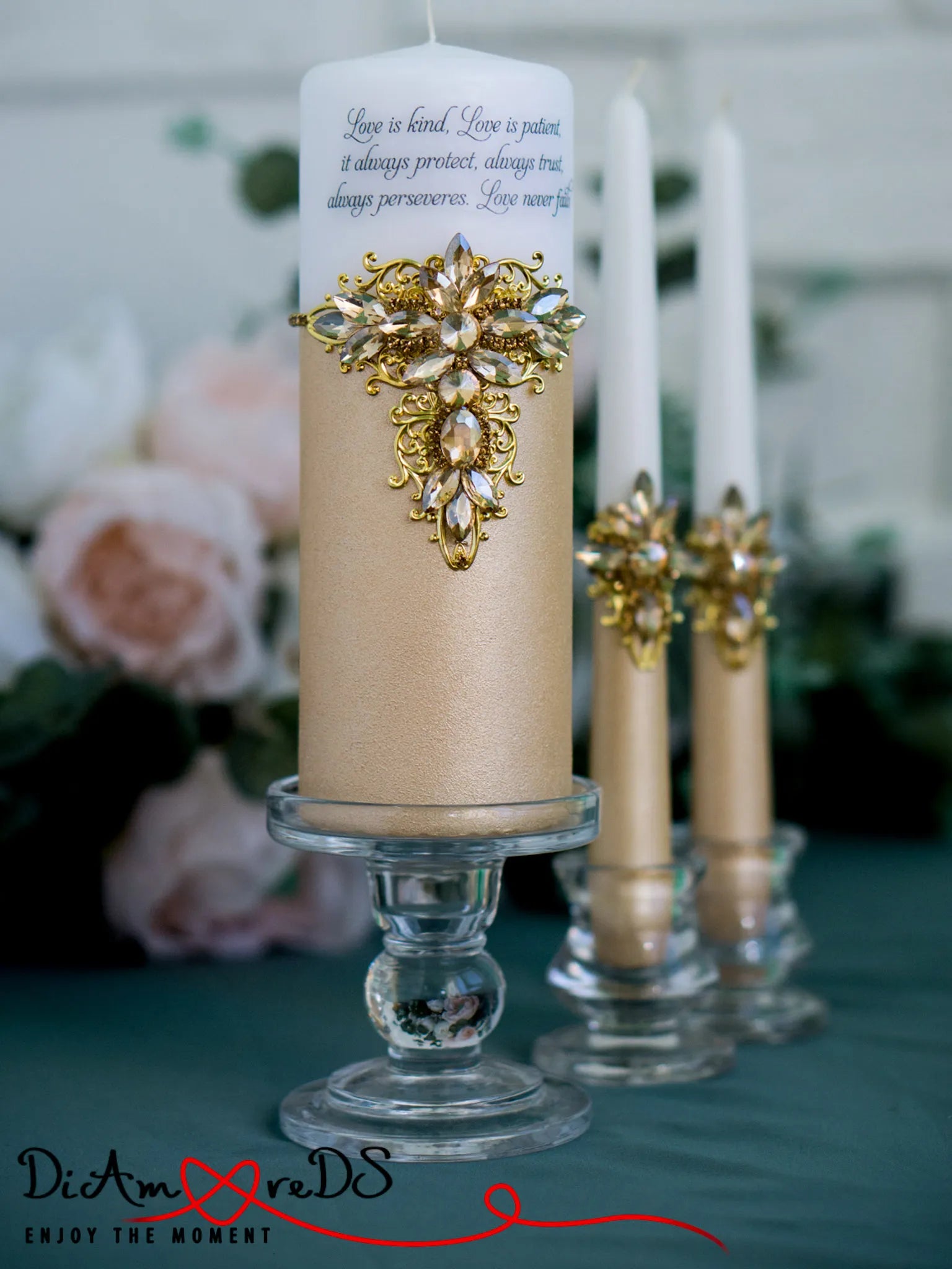 Customizable gold crystal unity candle ensemble