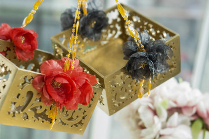 Unique Gold Wedding Basket with Handmade Black Flowers