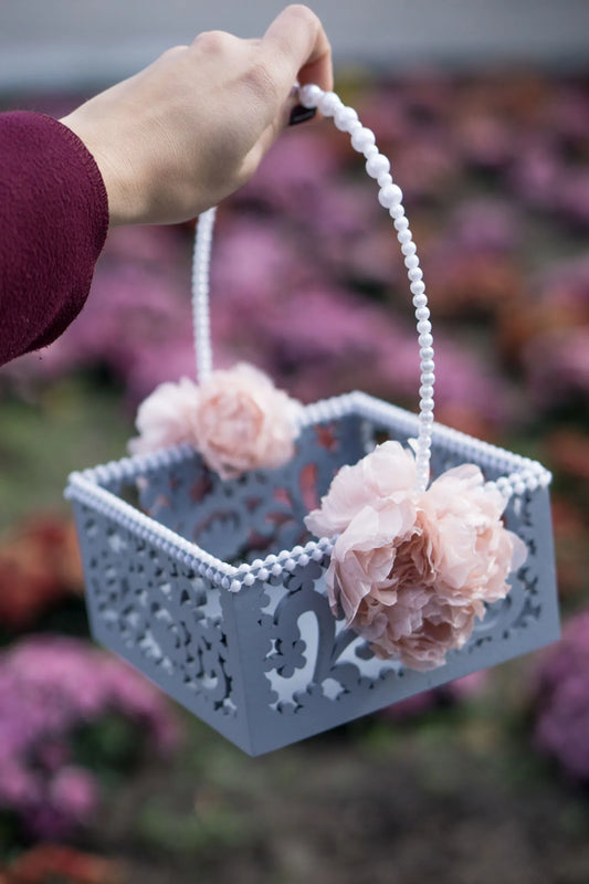 Unique wooden flower girl basket with pearl accents