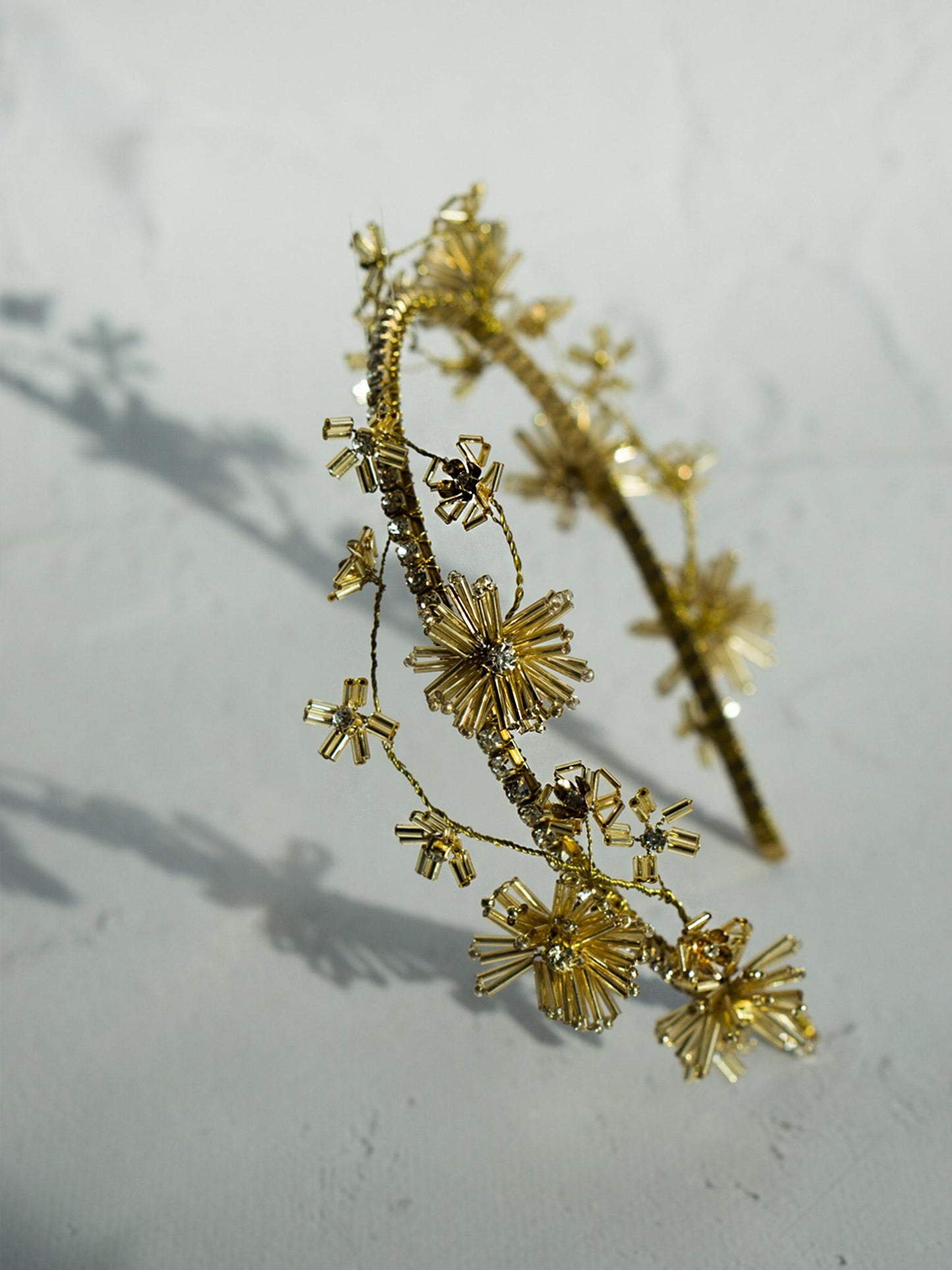 Floral headband with dainty dandelions and shimmering crystals