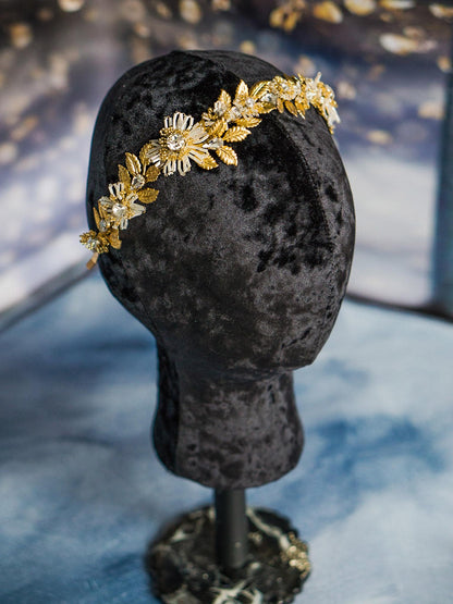 Golden Leaf and Beaded Flower Bridal Hairband