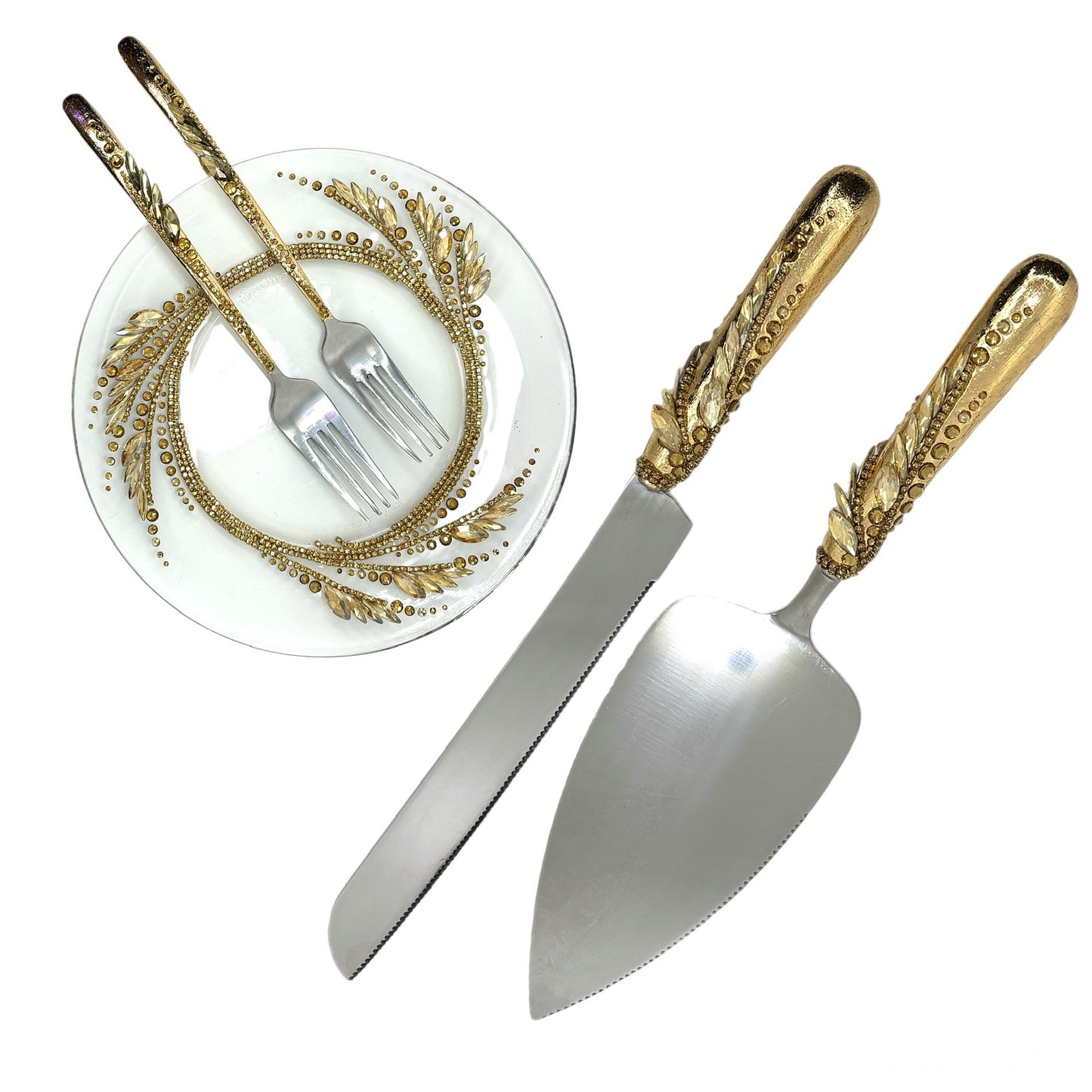 Elegant wedding plates and cake knife set with gold accents  