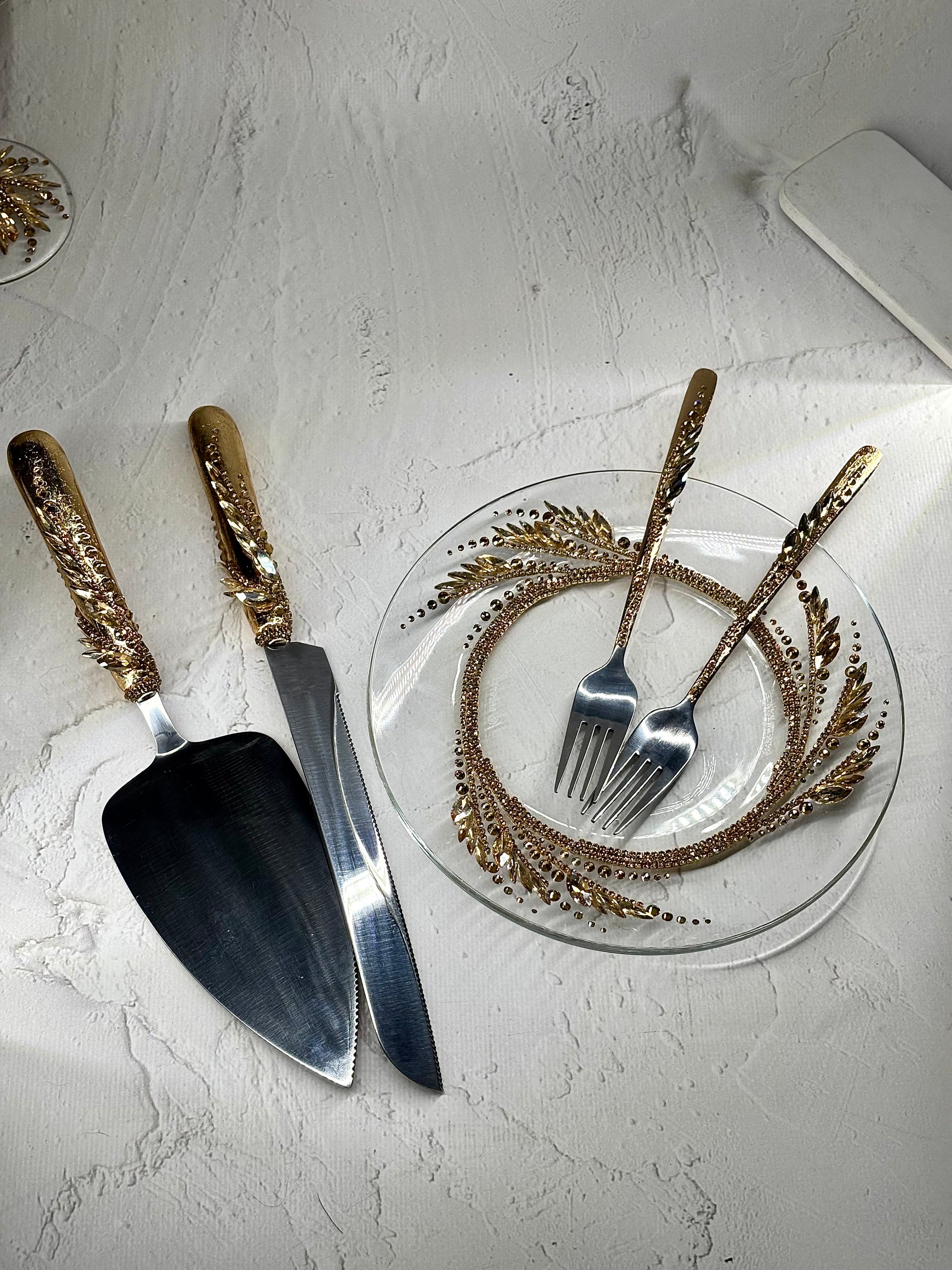 Wedding  Knife Cake Set, cake plate and forks by collection Golden Hypnosis with gold accents and crystals  