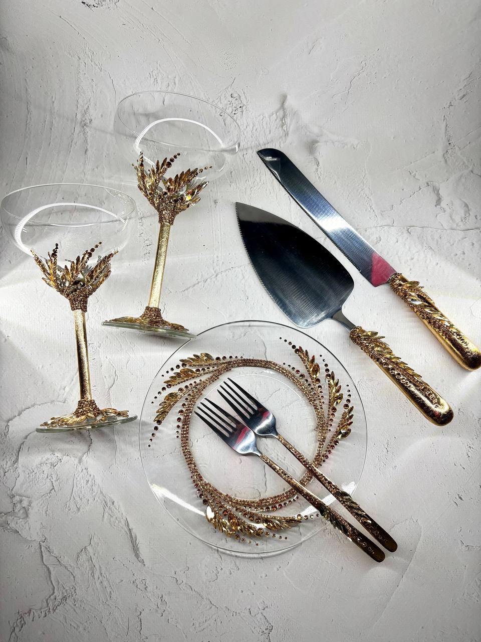 Sophisticated Wedding Cake Server, cake plate  and Cocktail Glasses from the Golden Hypnosis collection