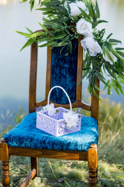 Adorable Flower Girl Basket with Handmade Lilac Flowers