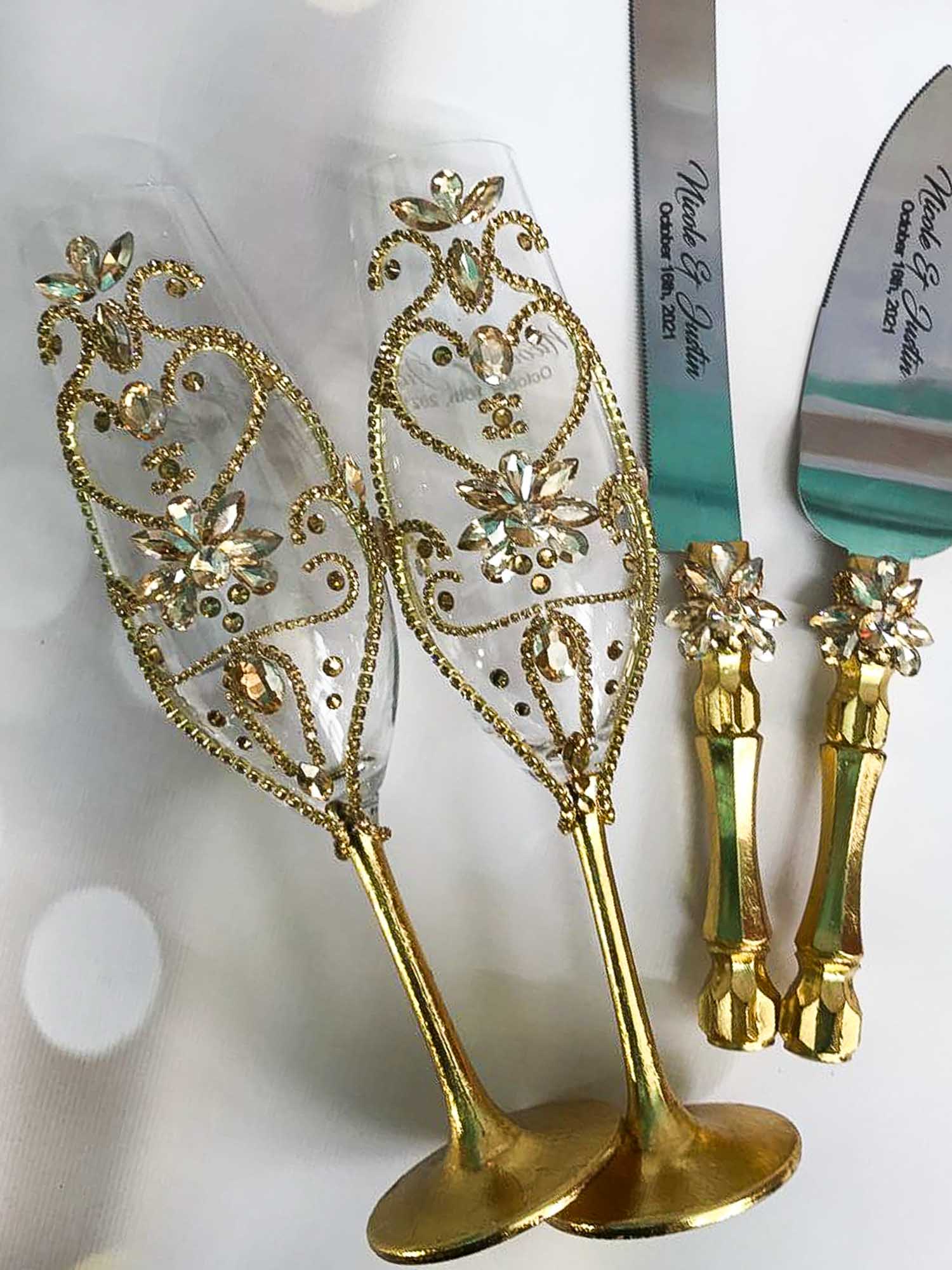 Gold wedding cake server set with rhinestone accents