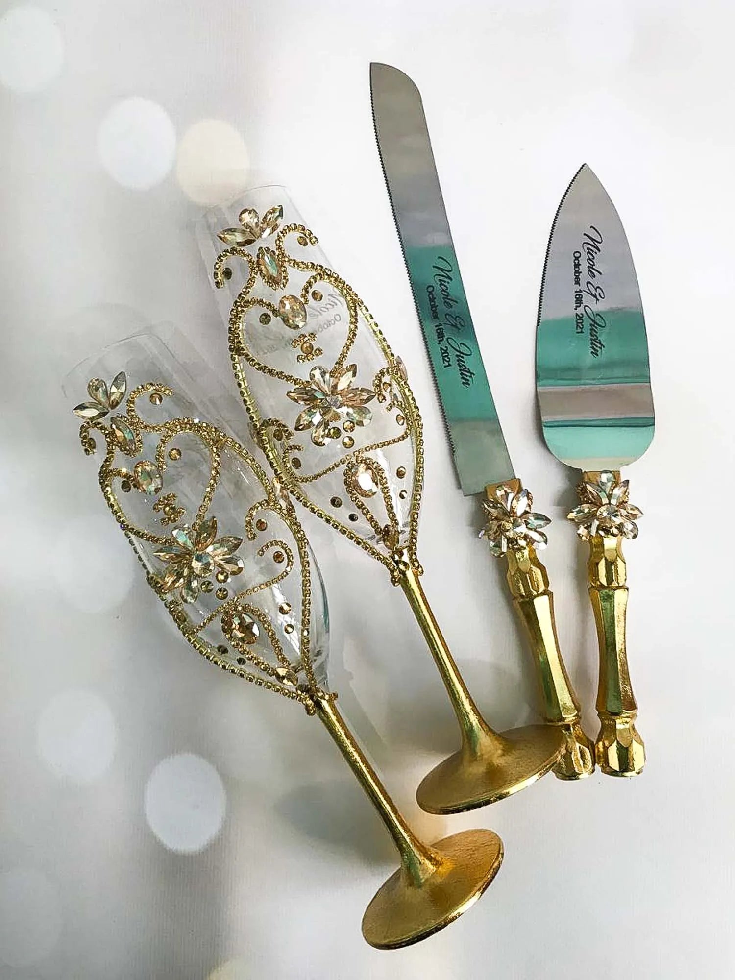 Custom engraved wedding cake knife and server in gold