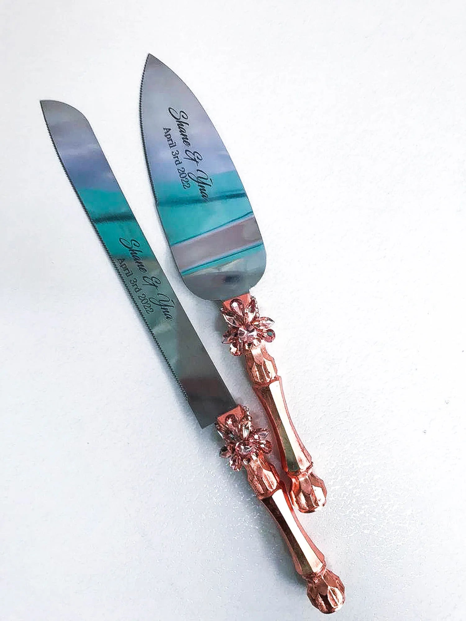 Rose gold personalized engraved cake server and knife