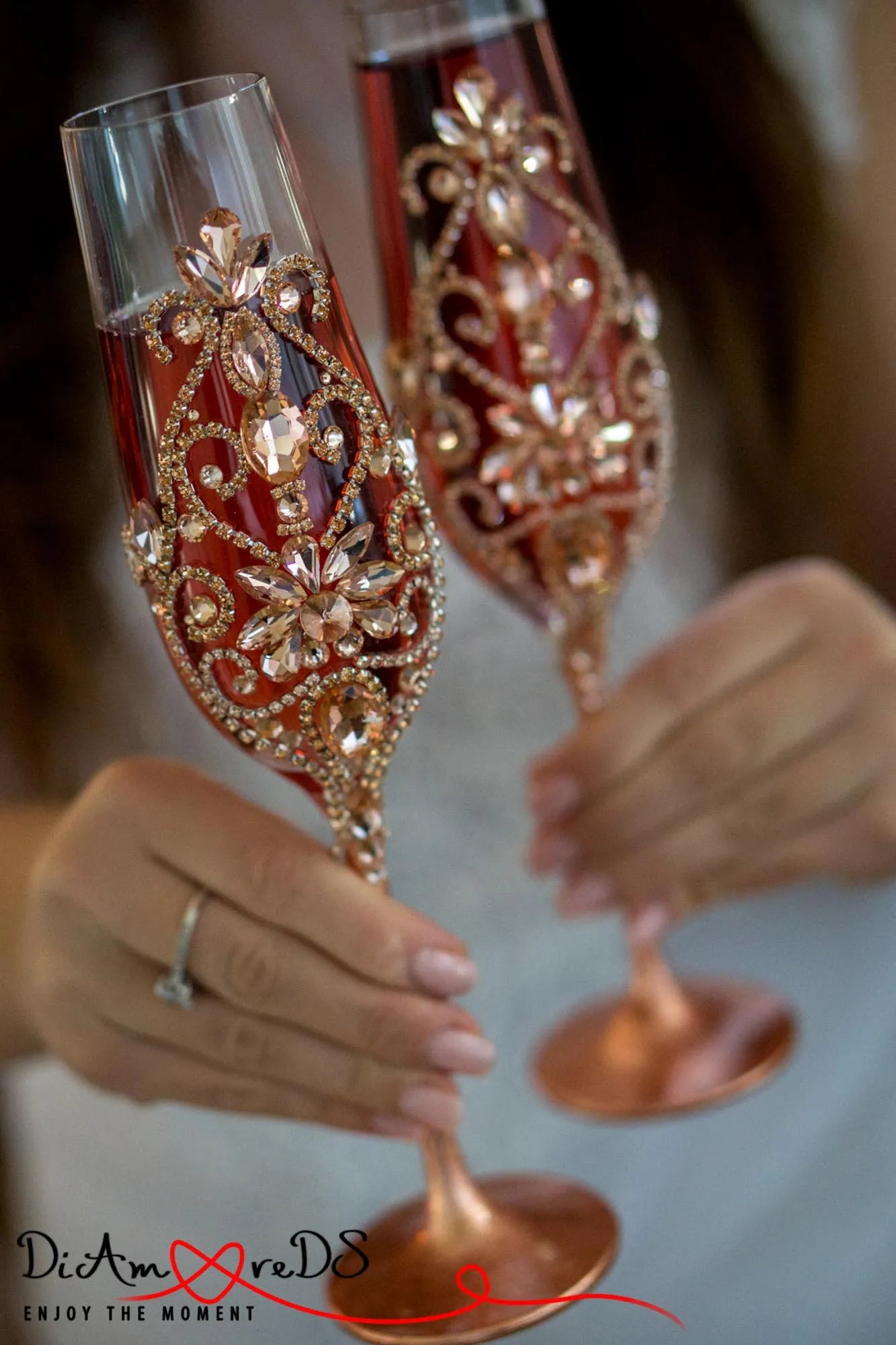 Engraved wedding toasting glasses with crystals