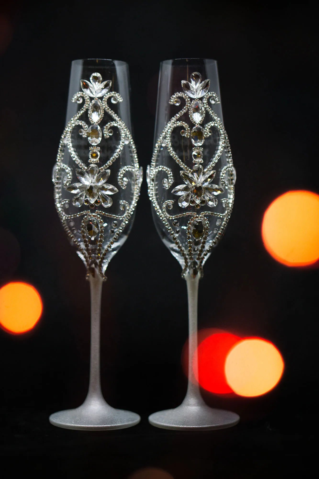 Elegant silver wedding champagne flutes with crystal accents