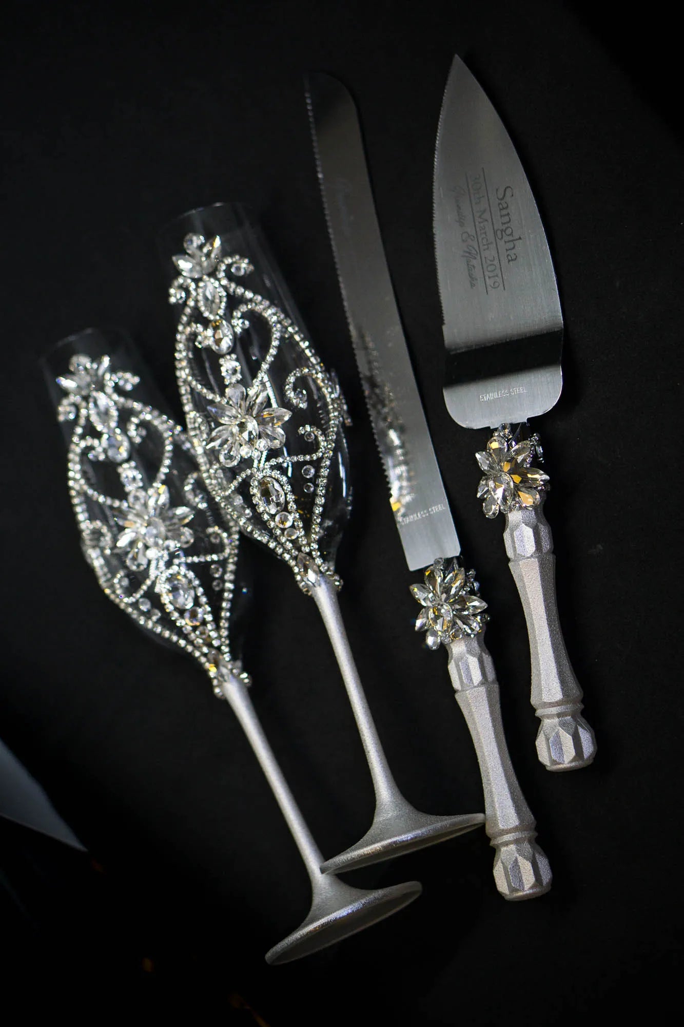 Romantic silver cake knife  server set and glasses