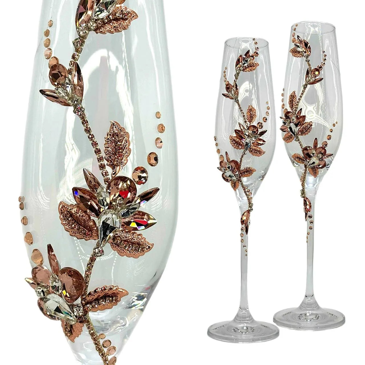 "Pink Sakura" wedding stemware featuring delicate metallic leaves