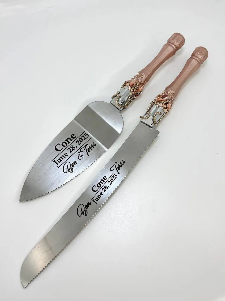 Personalized rose gold cake knife set for weddings