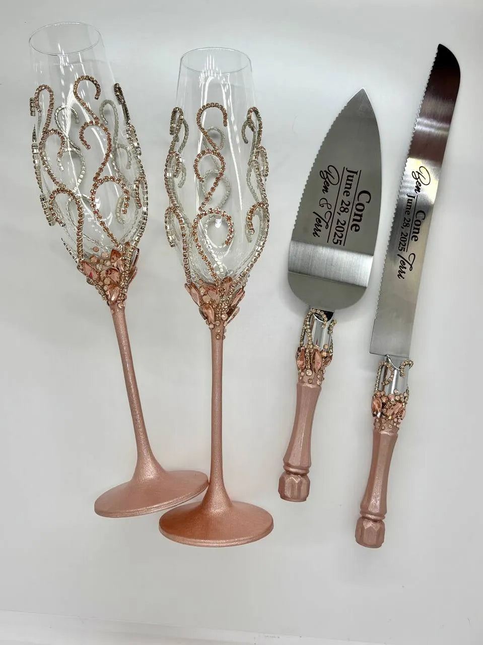 Venice Collection rose gold wedding glassware and cake server set