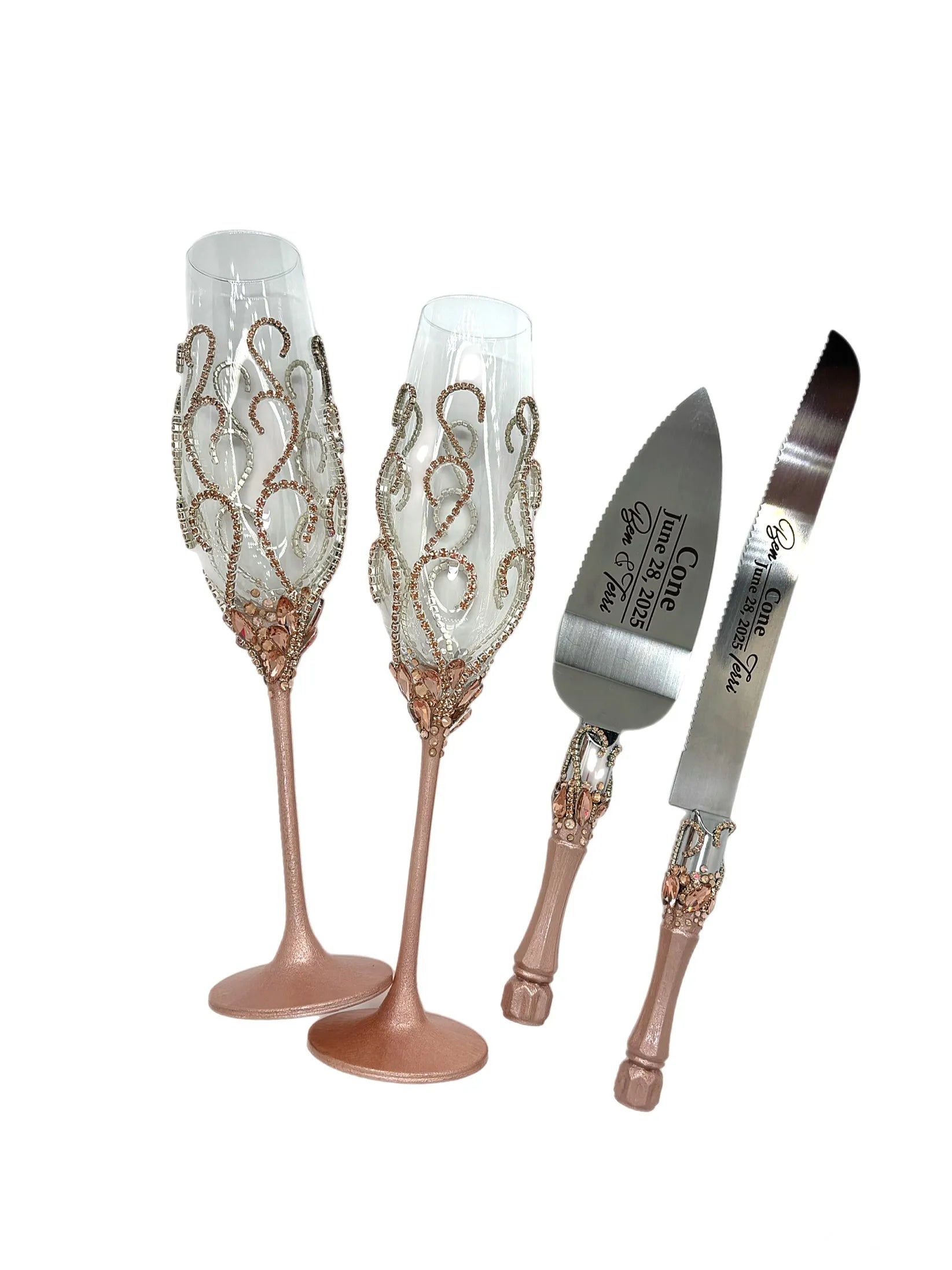 Handcrafted rose gold wedding champagne flutes with engraved cake server set